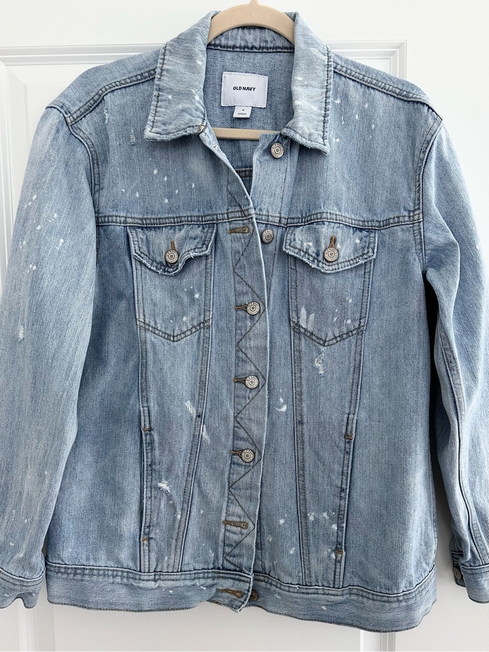Light Blue Oversized Distressed Denim Paint Splatter Trucker Jacket